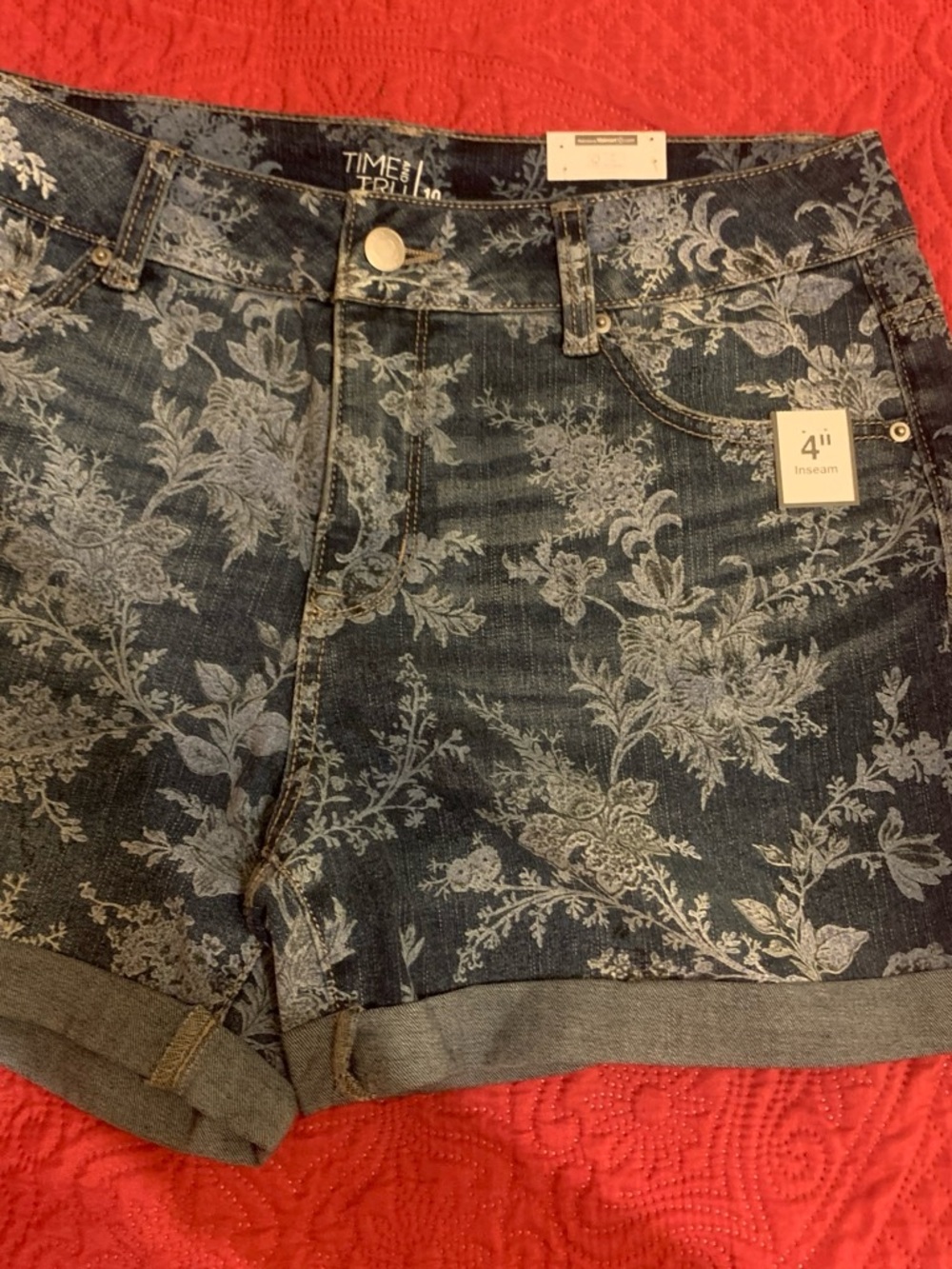 Time and Tru Blue Floral Print Denim Shorts
